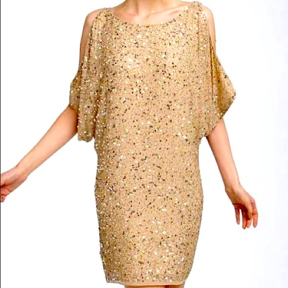 Aidan Mattox Dresses & Skirts - AIDAN MATTOX Gold Sequin Beaded Silk Split Sleeve Cocktail Dress NWT Size 4